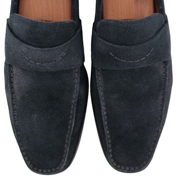 Santoni Italy Navy Blue Suede Leather Dress Shoes Mens Size 10D Slip-on Loafers - Picture 11 of 12
